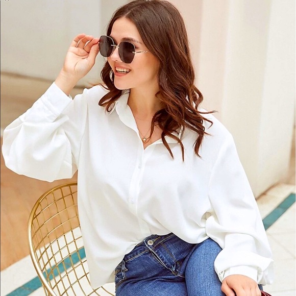 SHEIN Tops - PLUS SIZE WHITE BISHOP SLEEVE BUTTON UP BLOUSE